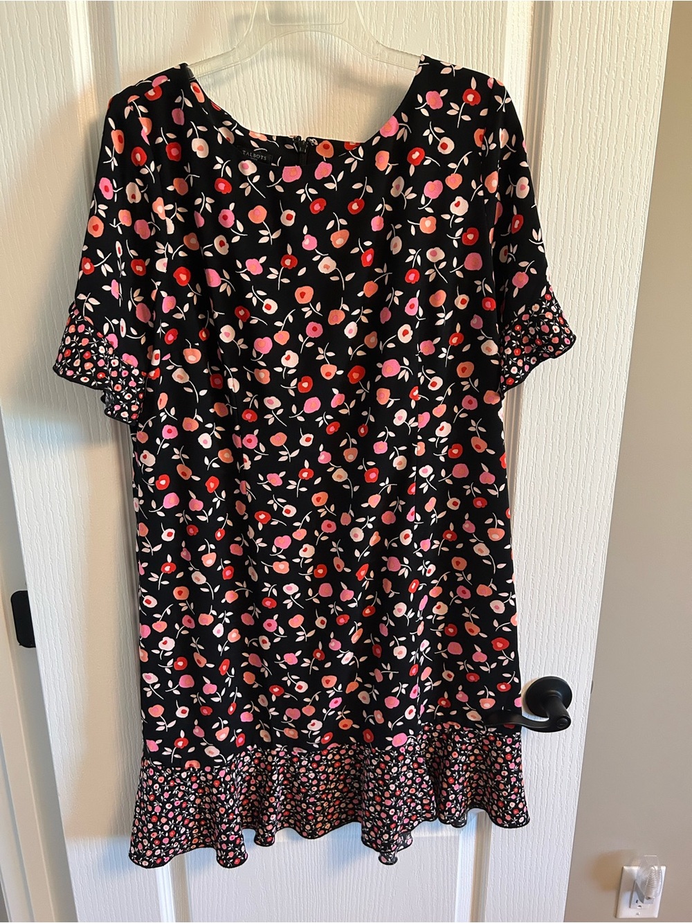 Talbots Black Floral Sheath Dress with Pink and Red Blooms